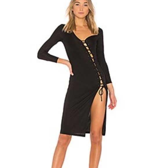 H:OURS x REVOLVE BRANDEN MIDI BLACK ASYMMETRICAL CUT LACE UP DRESS SIZE XSMALL - Picture 2 of 12